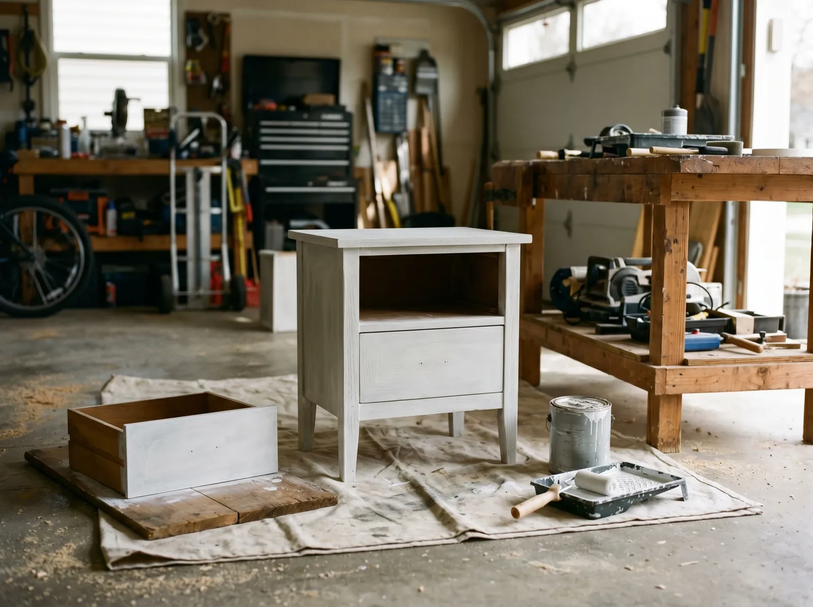 Small nightstand coated in bonding primer with the drawer drying flat nearby