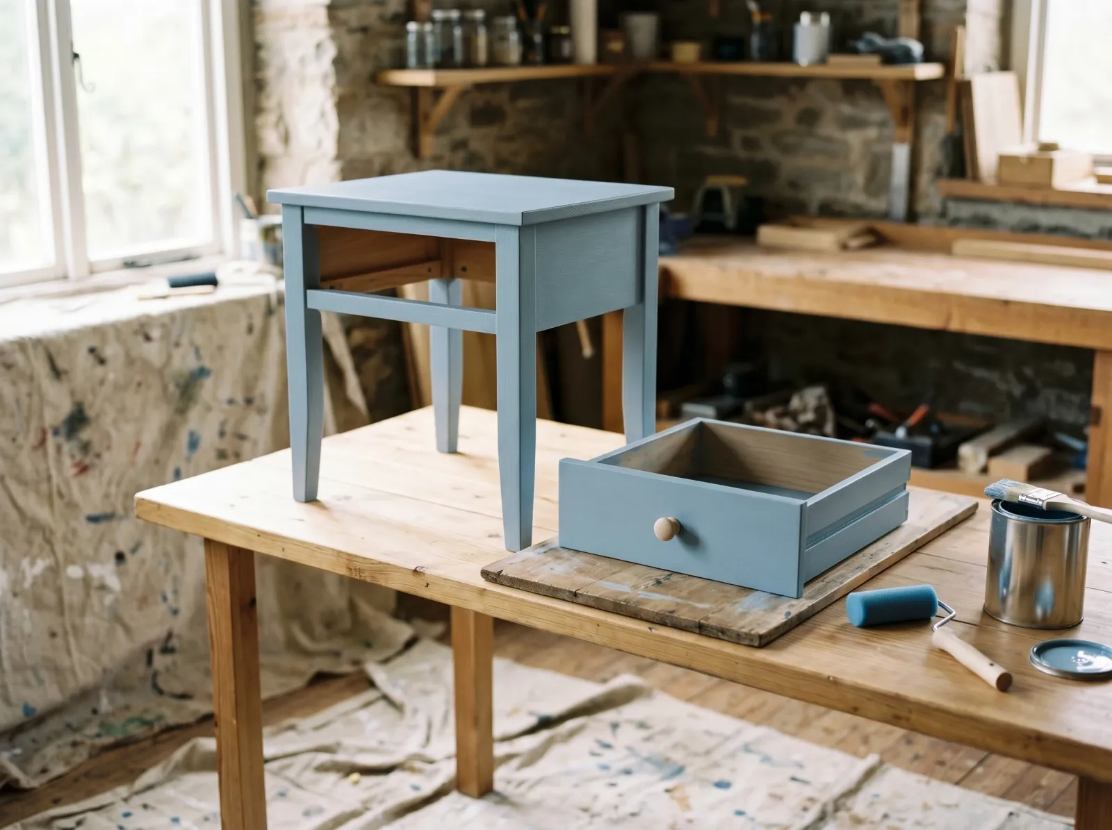 Small nightstand with first coat of soft-blue paint, drawer drying flat on a separate board