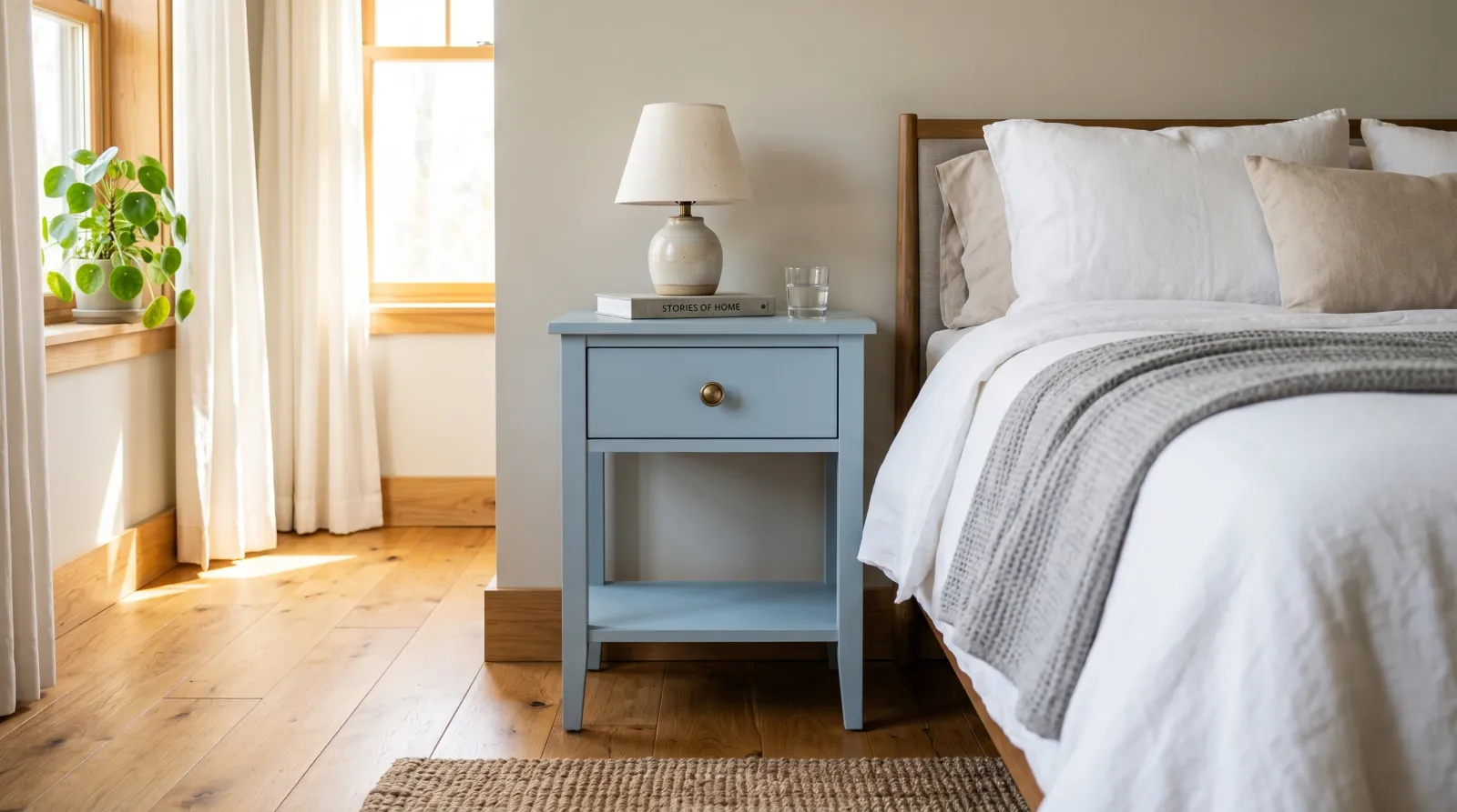 Finished soft-blue nightstand with reinstalled brass knob beside a bed in a sunlit bedroom