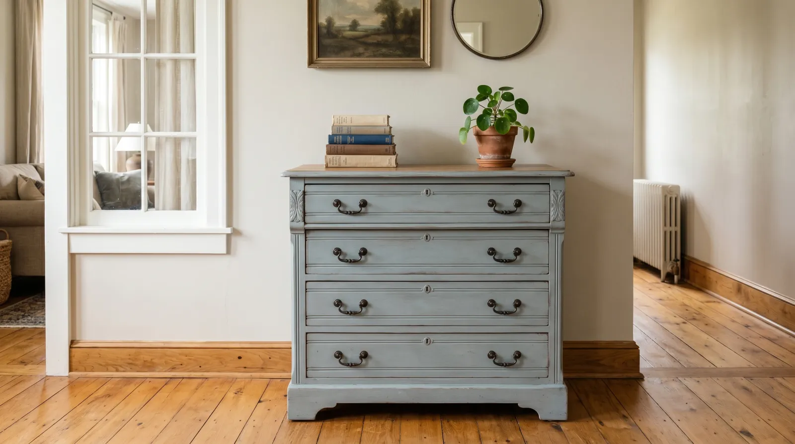 Refinished blue-grey antique dresser with cast-iron pulls in a sunlit hallway