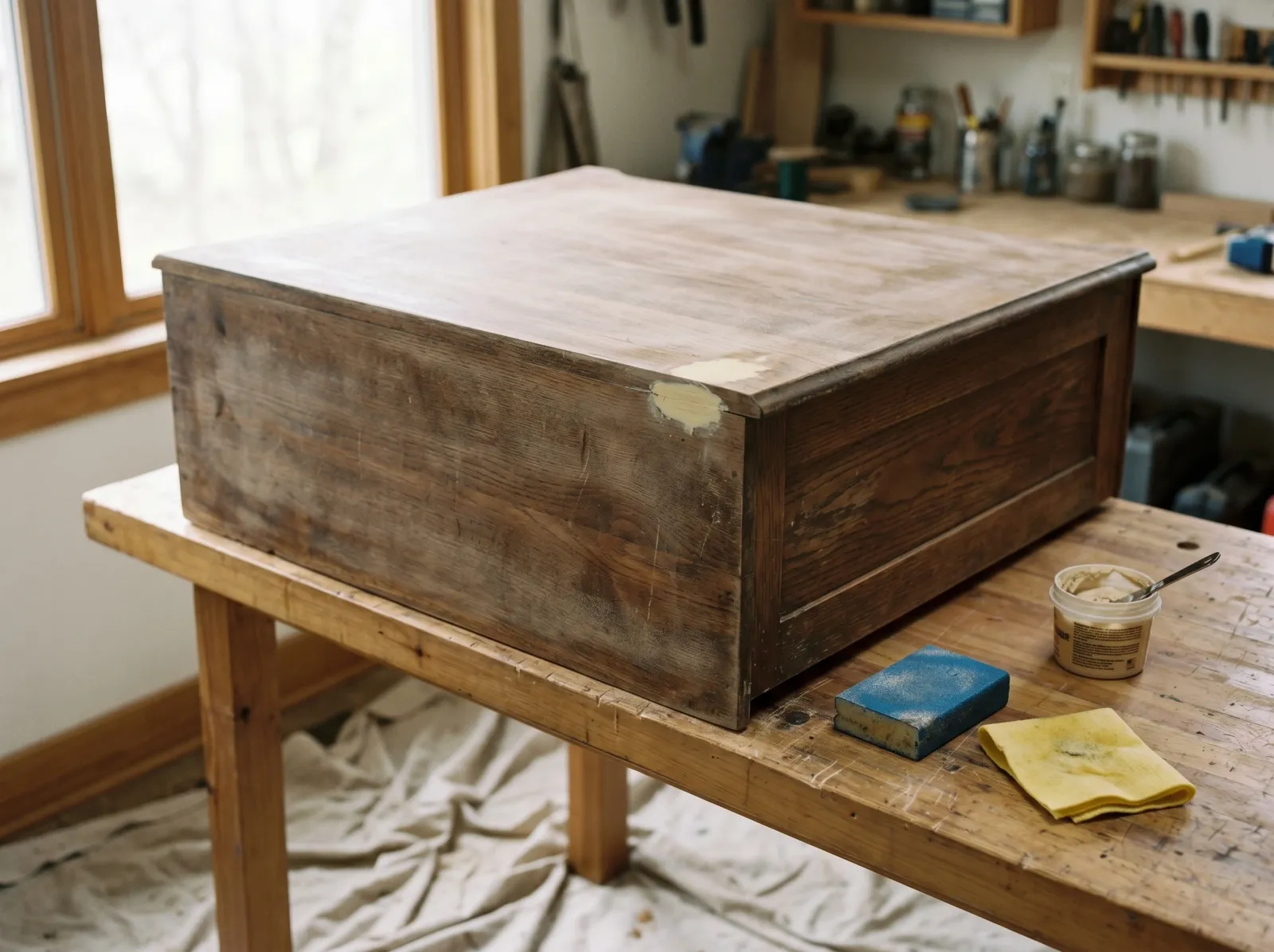 Old dresser scuff-sanded dull with a filled dent drying at one corner