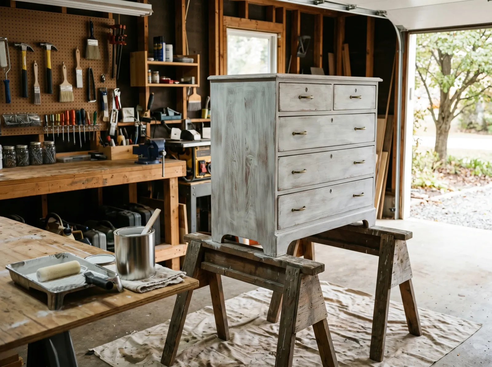 Old chest of drawers in a coat of bonding primer drying on sawhorses