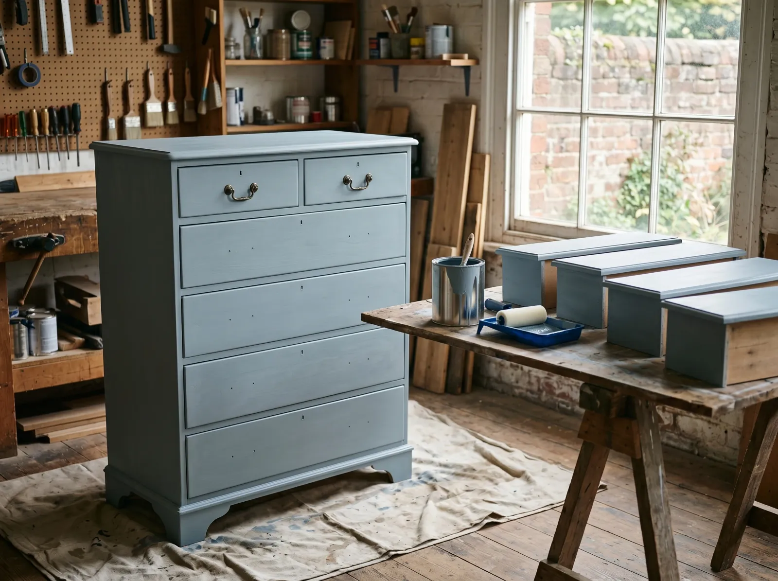 Old dresser with an even blue-grey coat, drawers drying flat nearby
