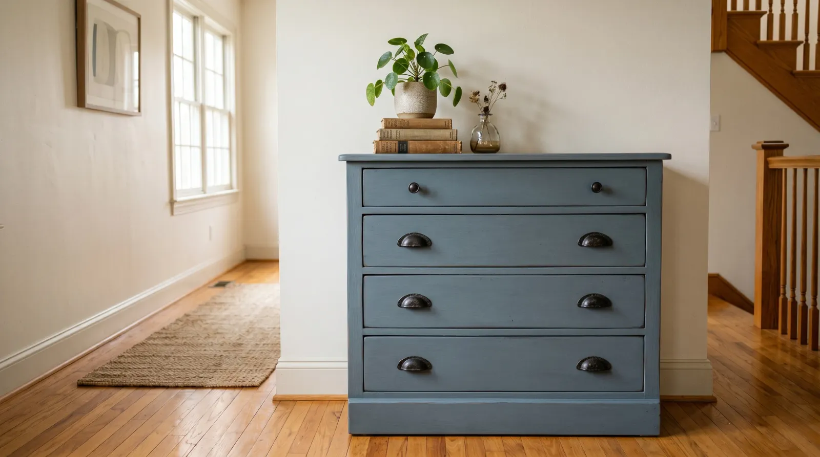 Finished blue-grey dresser with reinstalled cast-iron hardware in a hallway