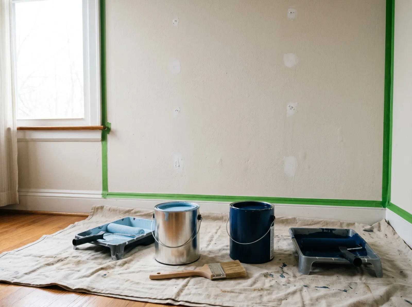 Prepped accent wall with light and dark blue paint staged in two trays on the drop cloth