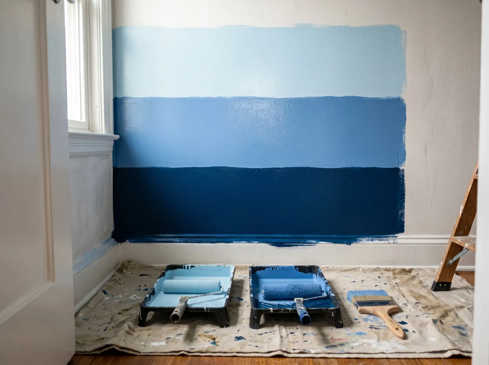 Accent wall with three wet horizontal bands of blue not yet blended together