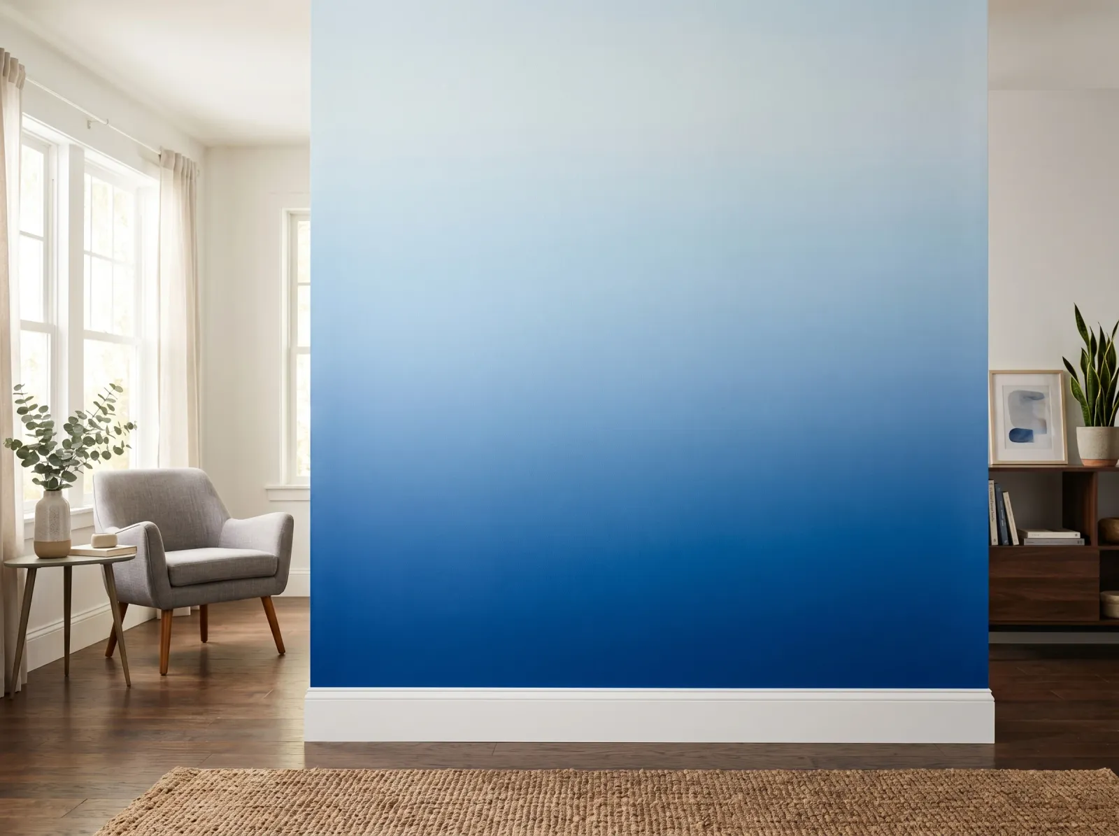 Dried ombre wall fading smoothly from deep blue at the bottom to pale at the top