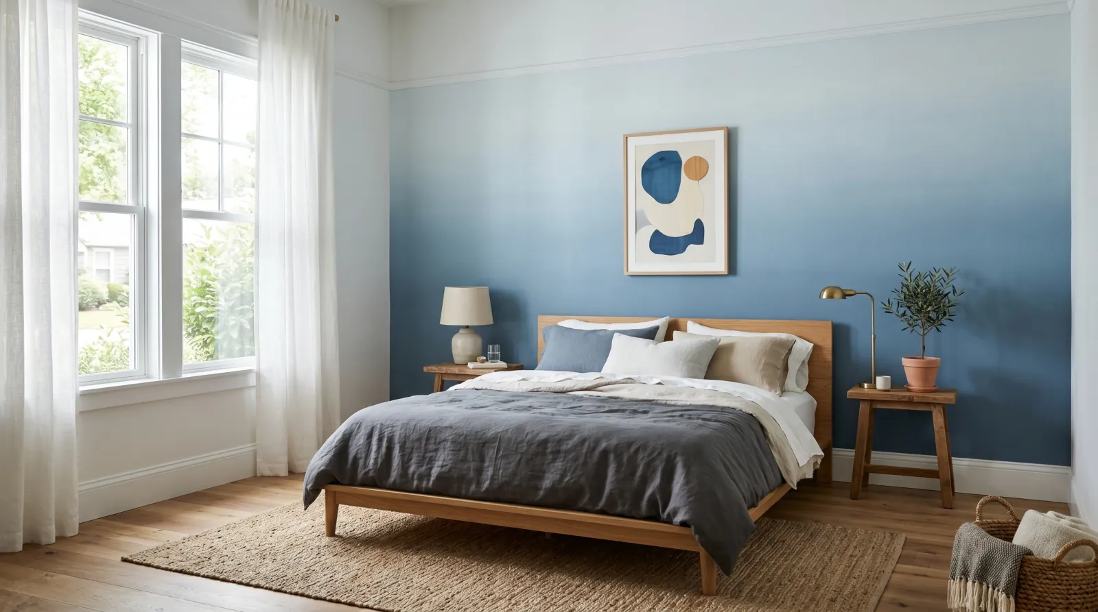 Finished bedroom with an ombre accent wall behind the bed and furniture back in place