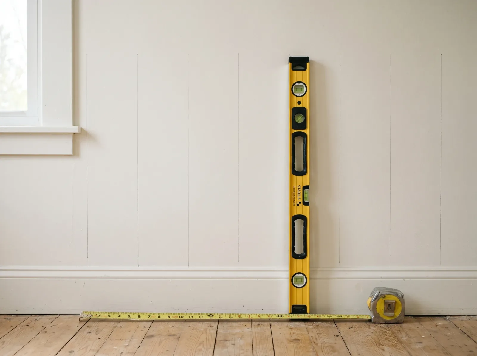 Soft white wall marked with faint vertical pencil layout lines and a level resting against it