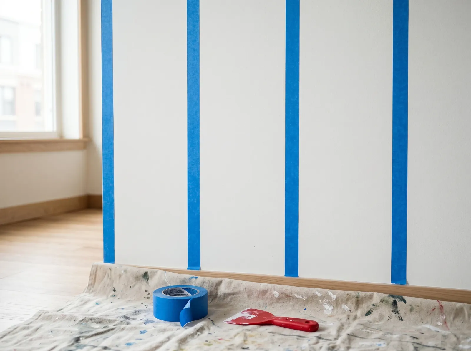 Soft white wall with vertical painter's tape strips laid out at even intervals