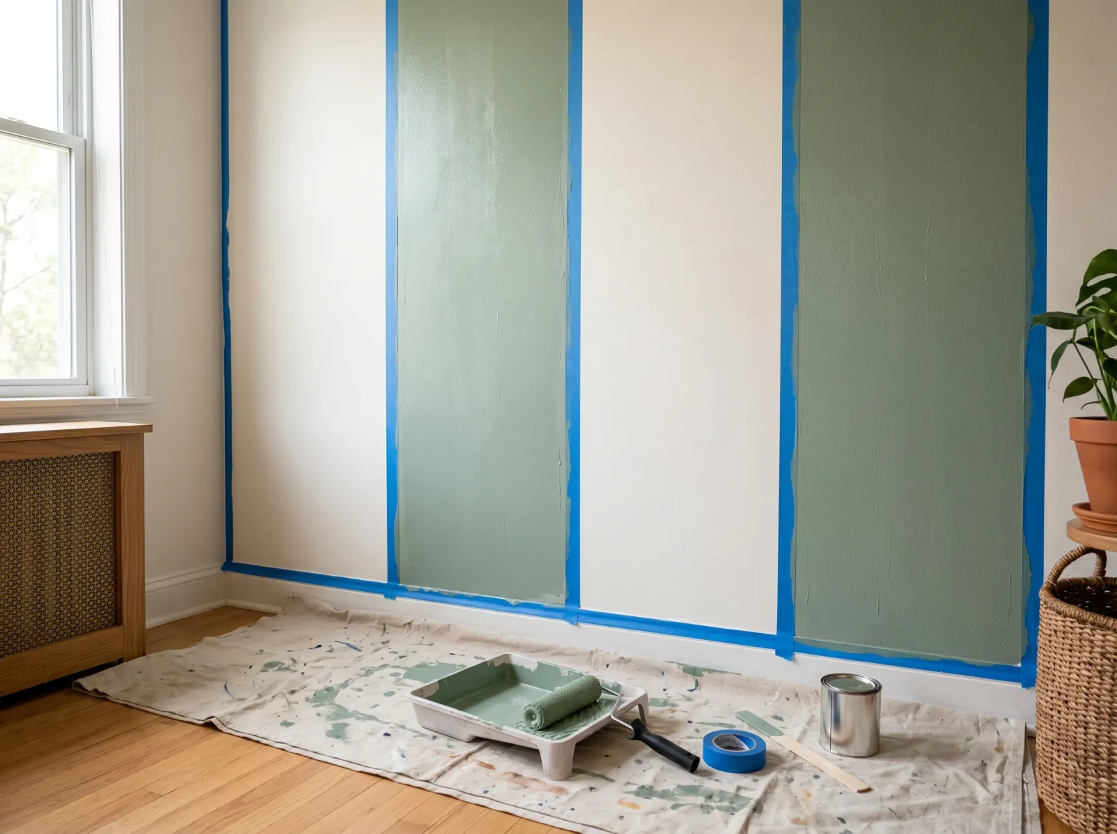 Wall with sage stripes freshly rolled between white bands, tape still in place