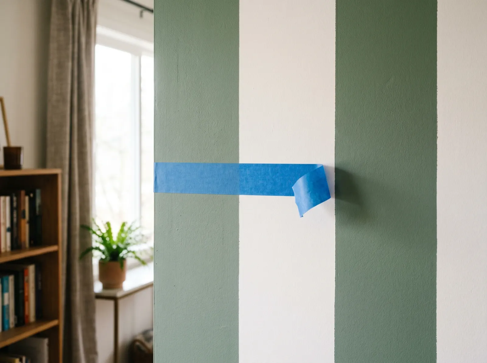 Painter's tape being peeled from a striped wall revealing a crisp clean edge