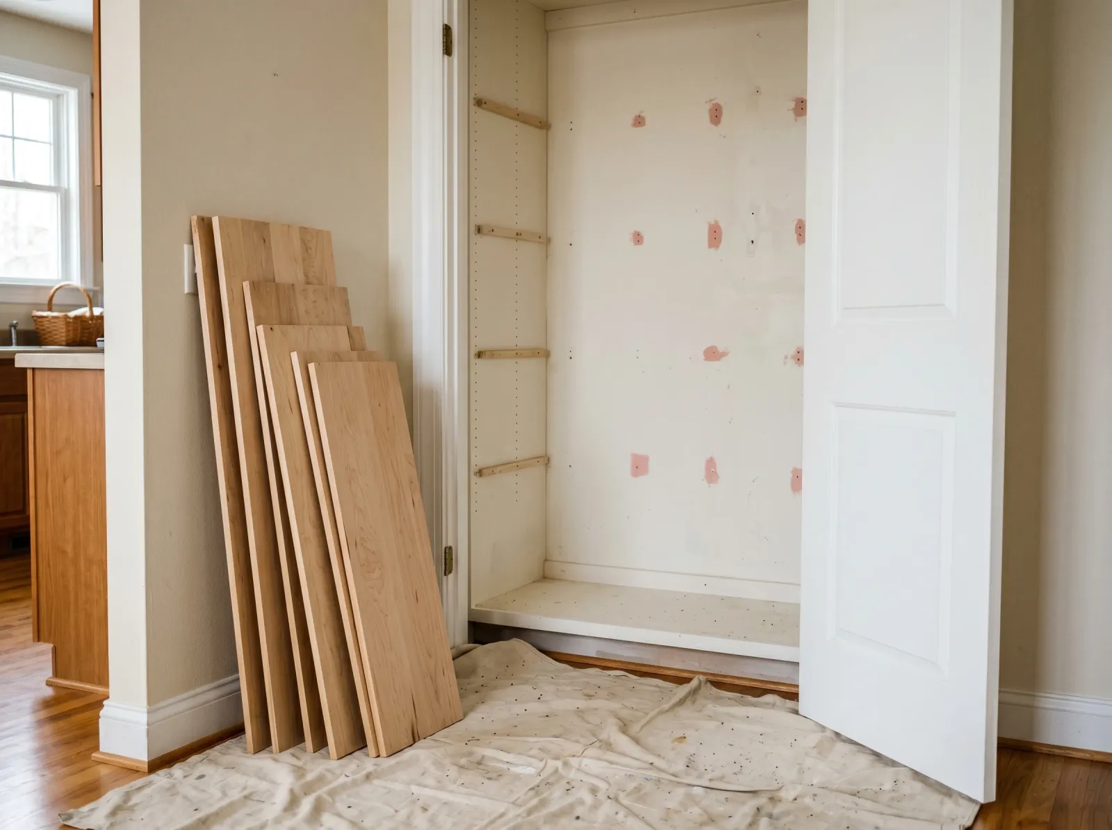 Empty pantry with shelves removed and walls patched with spackle