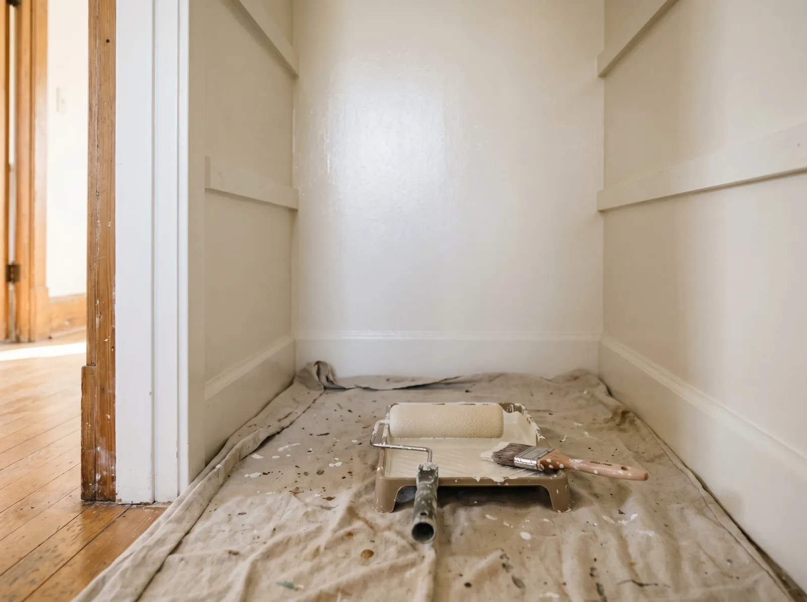 Pantry walls freshly painted warm white with a foam roller and tray on the floor