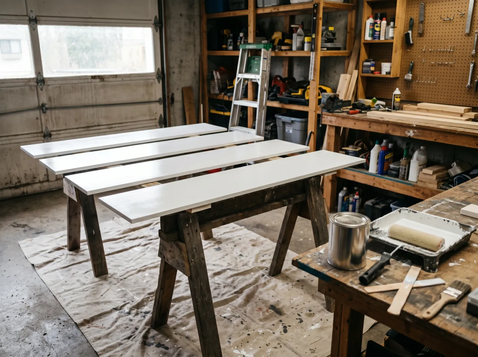 White-painted wood pantry shelves drying flat on sawhorses