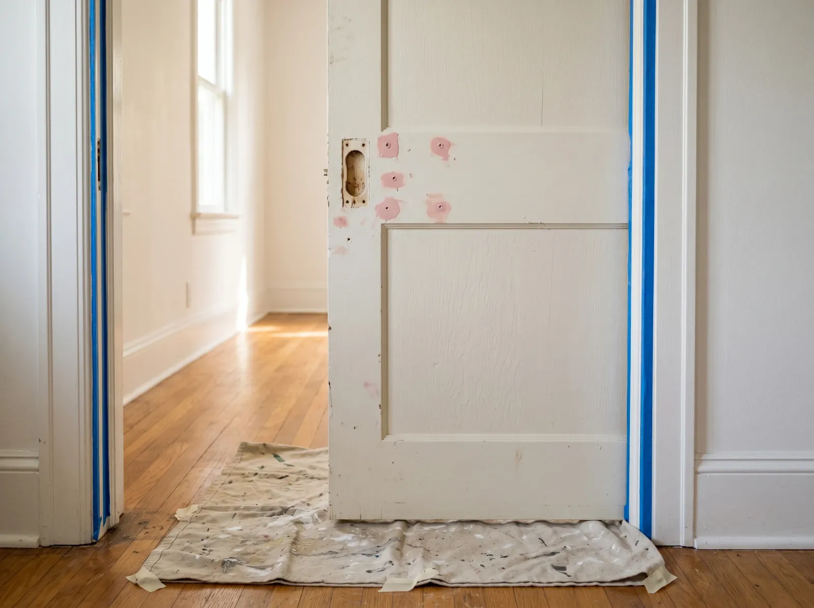 Pocket door pulled fully open with hardware removed and holes spackled