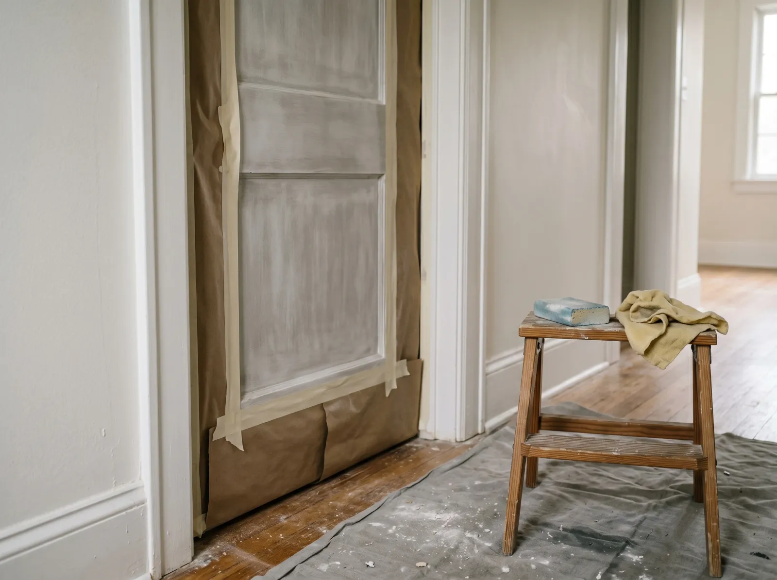Pocket door with the wall slot masked off and the face scuff-sanded dull