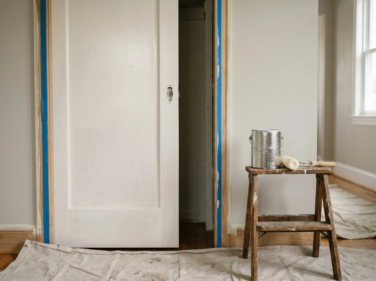 Pocket door with first coat of white paint on the face and leading edge