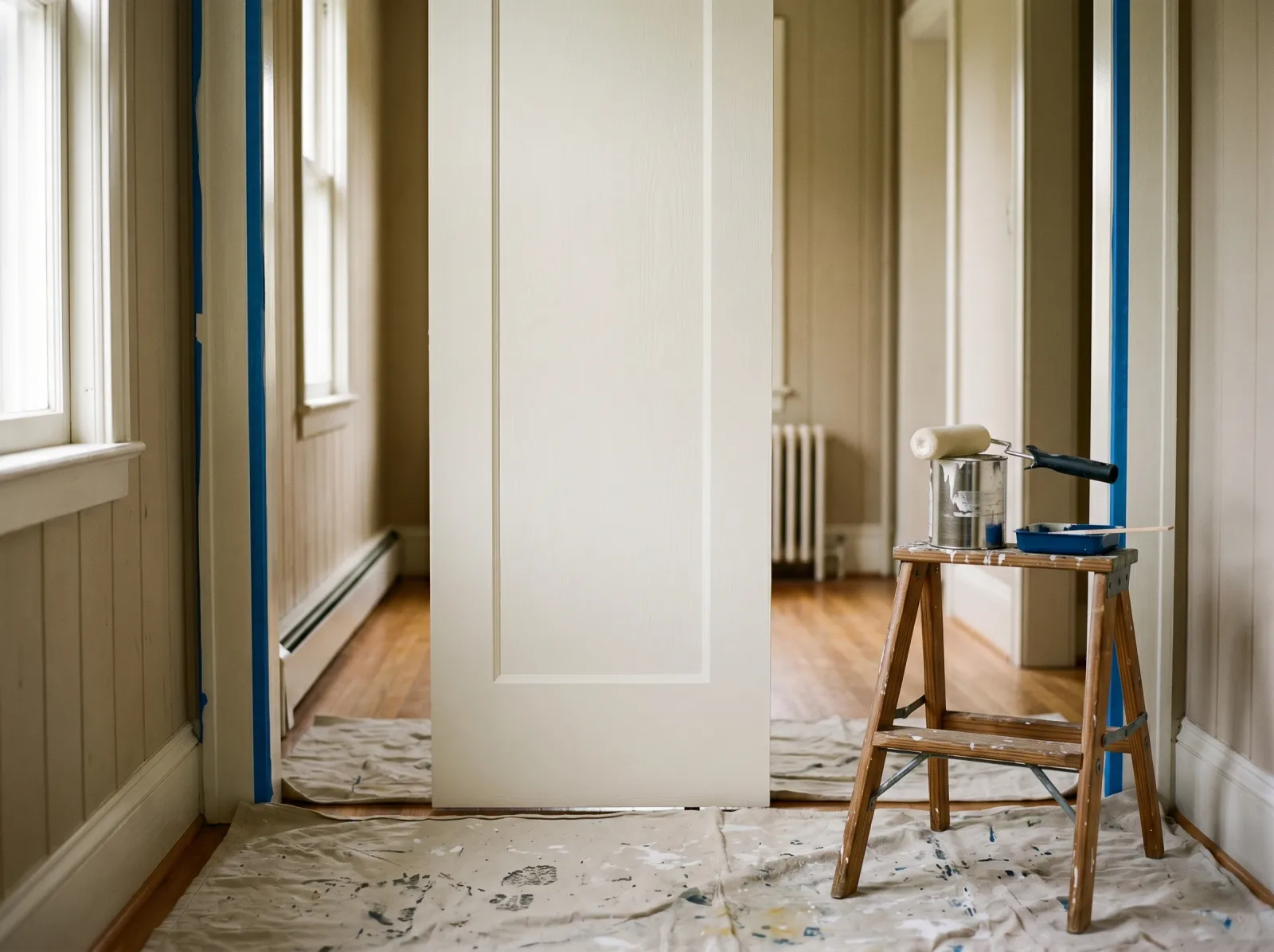 Pocket door slid the other way with the second face freshly painted