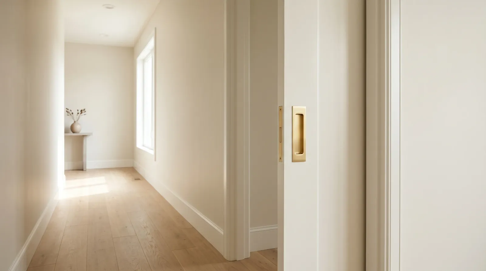 Finished pocket door cured with hardware reinstalled, sliding clean into the wall