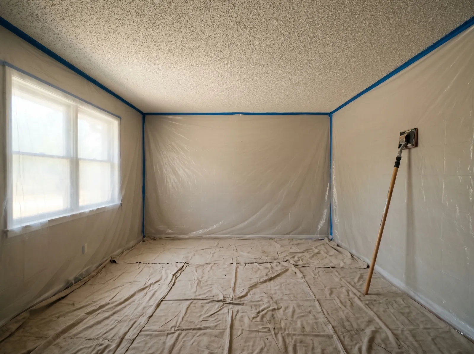 Empty bedroom with floor and walls covered, popcorn ceiling overhead dusted and ready