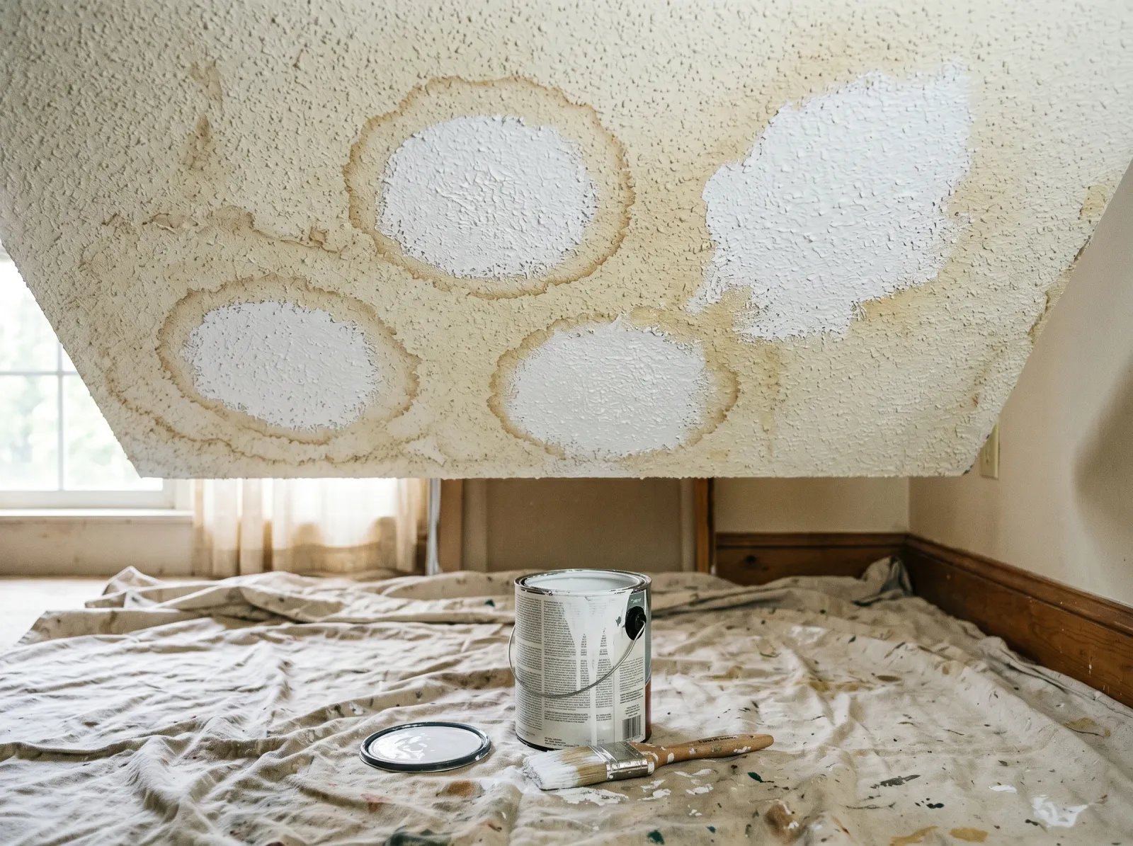 Popcorn ceiling with white primer spotted over old water-stain rings