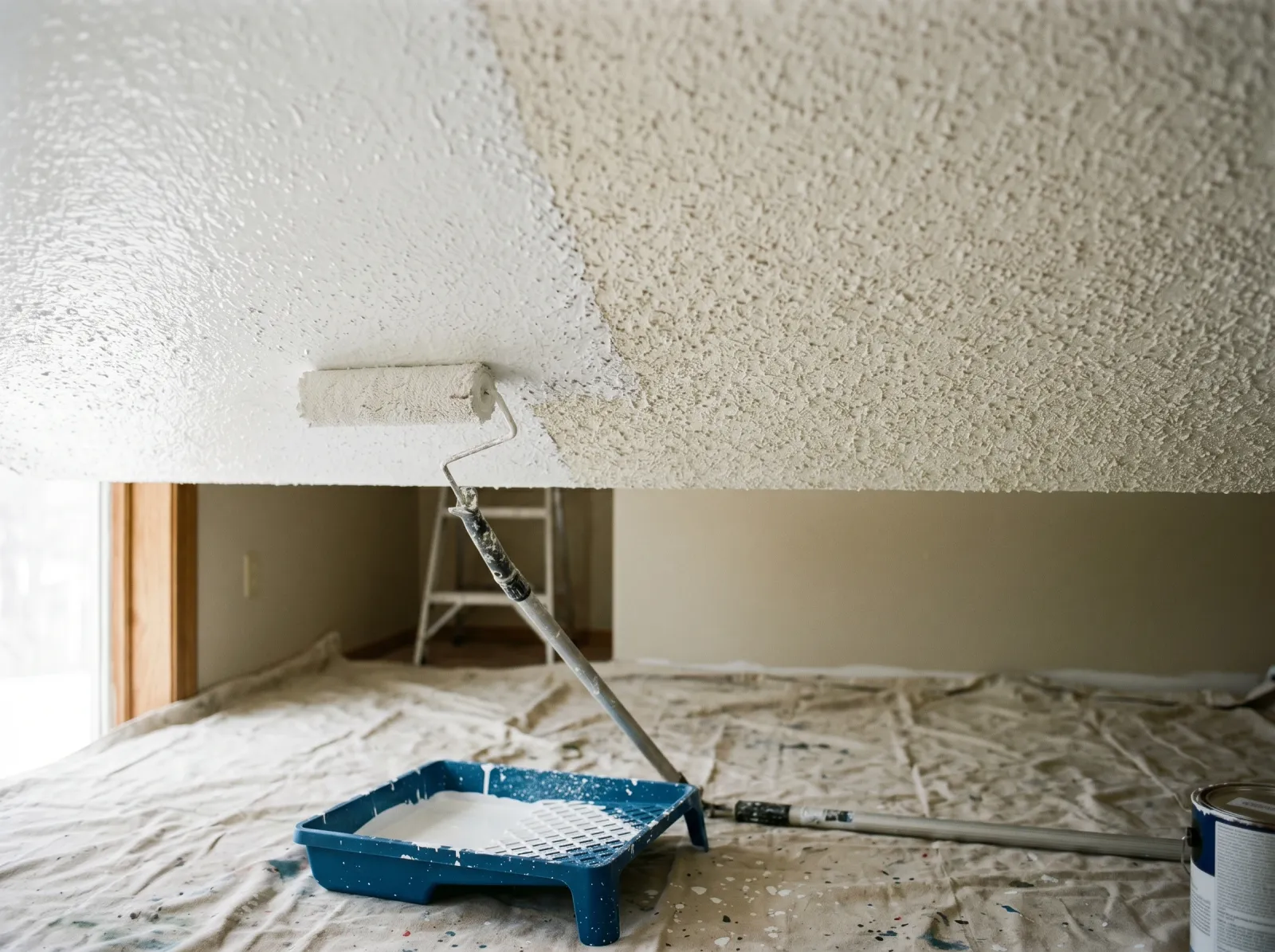 Popcorn ceiling half-coated in fresh white with a thick-nap roller on an extension pole below