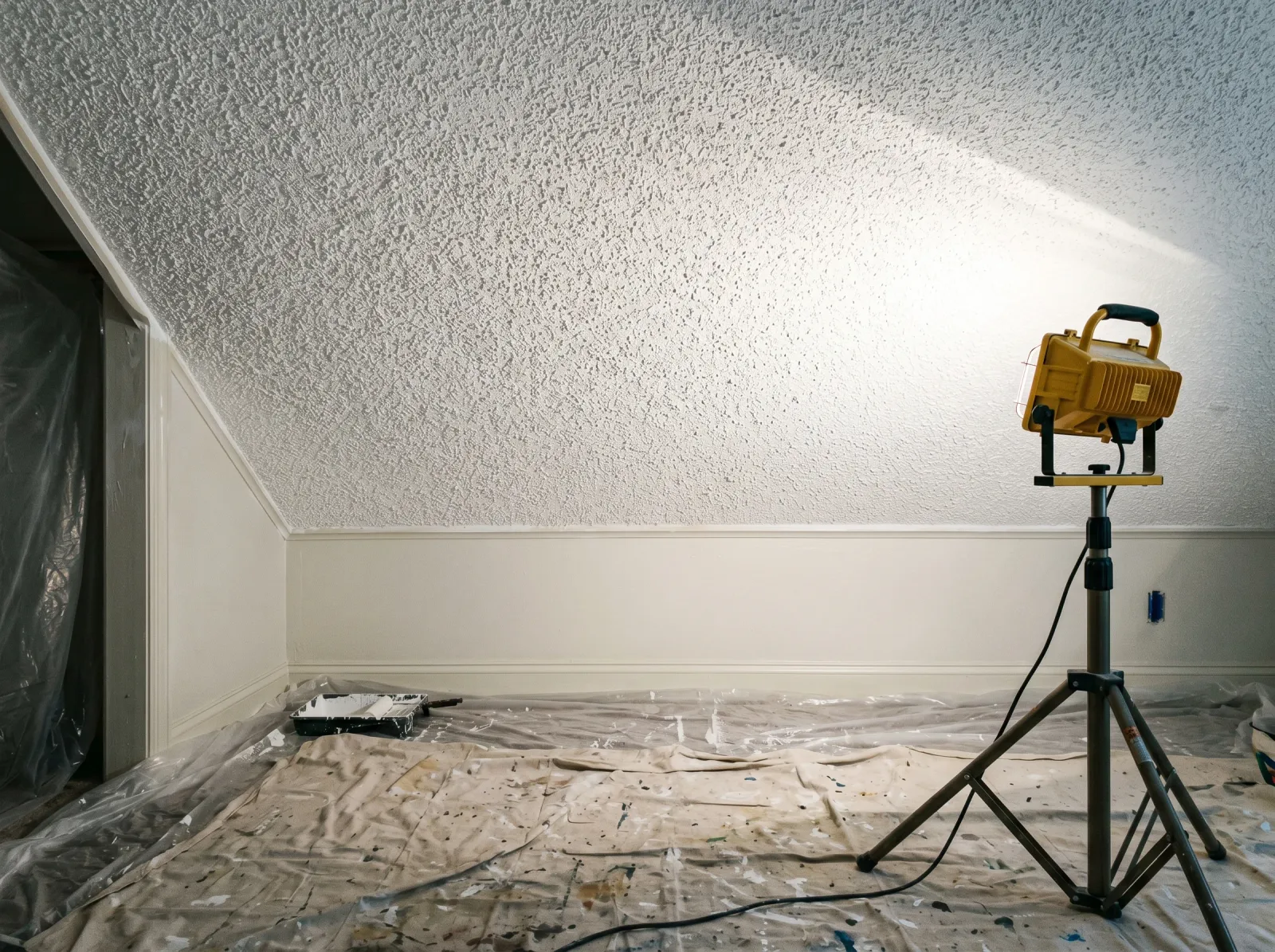 Finished white popcorn ceiling checked under raking work light for even coverage