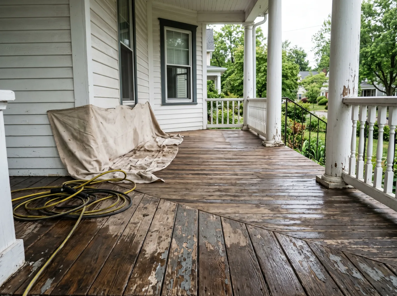 Bare wooden porch floor scraped and washed, old paint flaking, pressure washer hose nearby