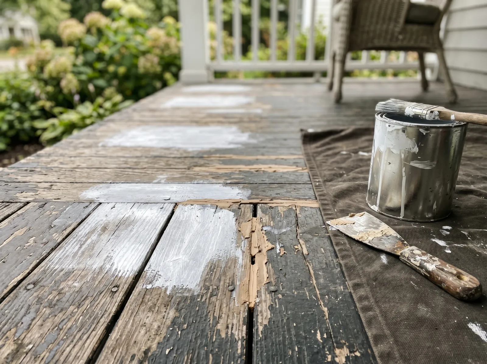 Porch floor with bare patches spot-primed and cracks filled with wood filler