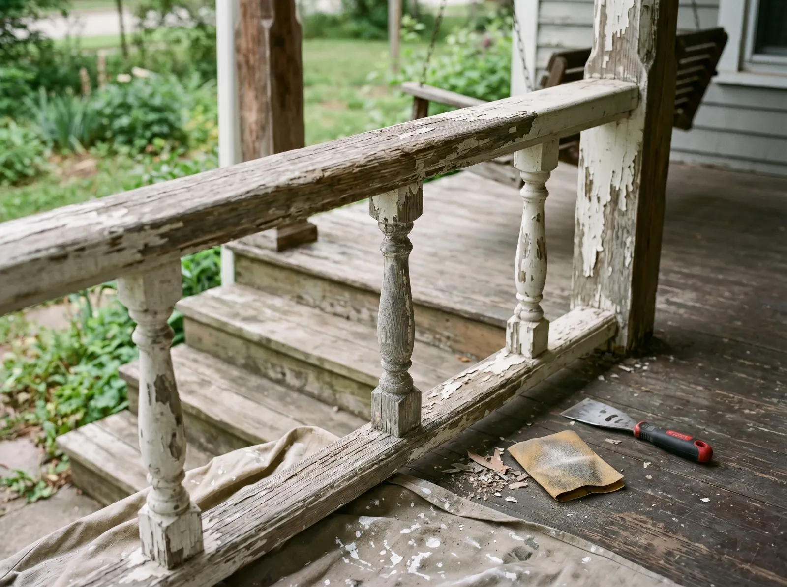 Weathered porch railing with peeling paint scraped back to bare wood, scraper and sandpaper nearby