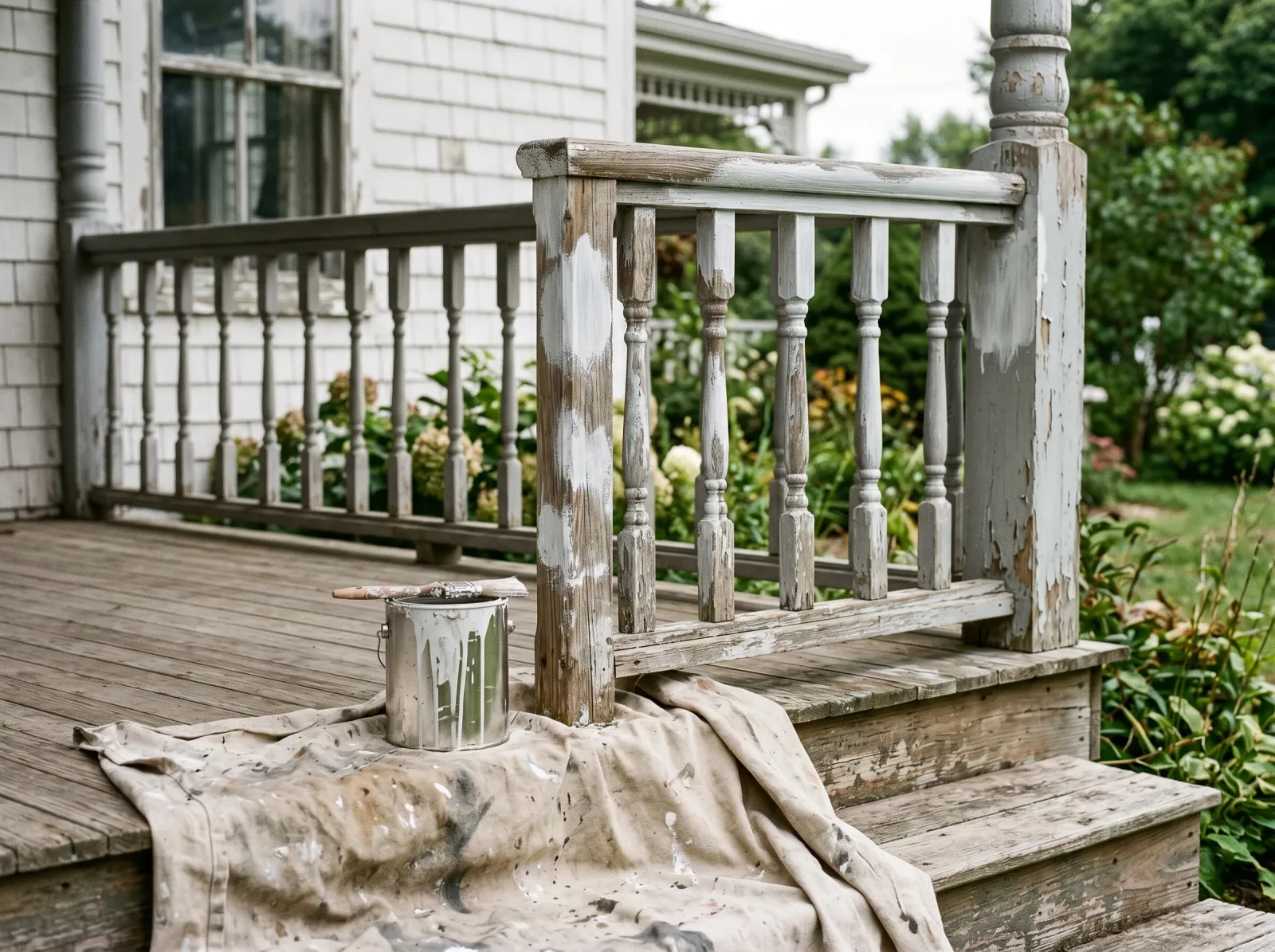 Porch railing with bare-wood patches spot-primed white-grey, primer can and brush on the floor
