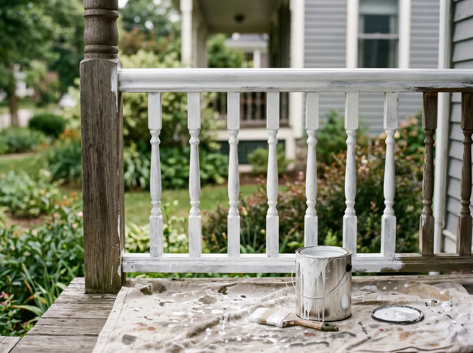 Porch railing with a thin first coat of white exterior enamel, brush and can on the floor
