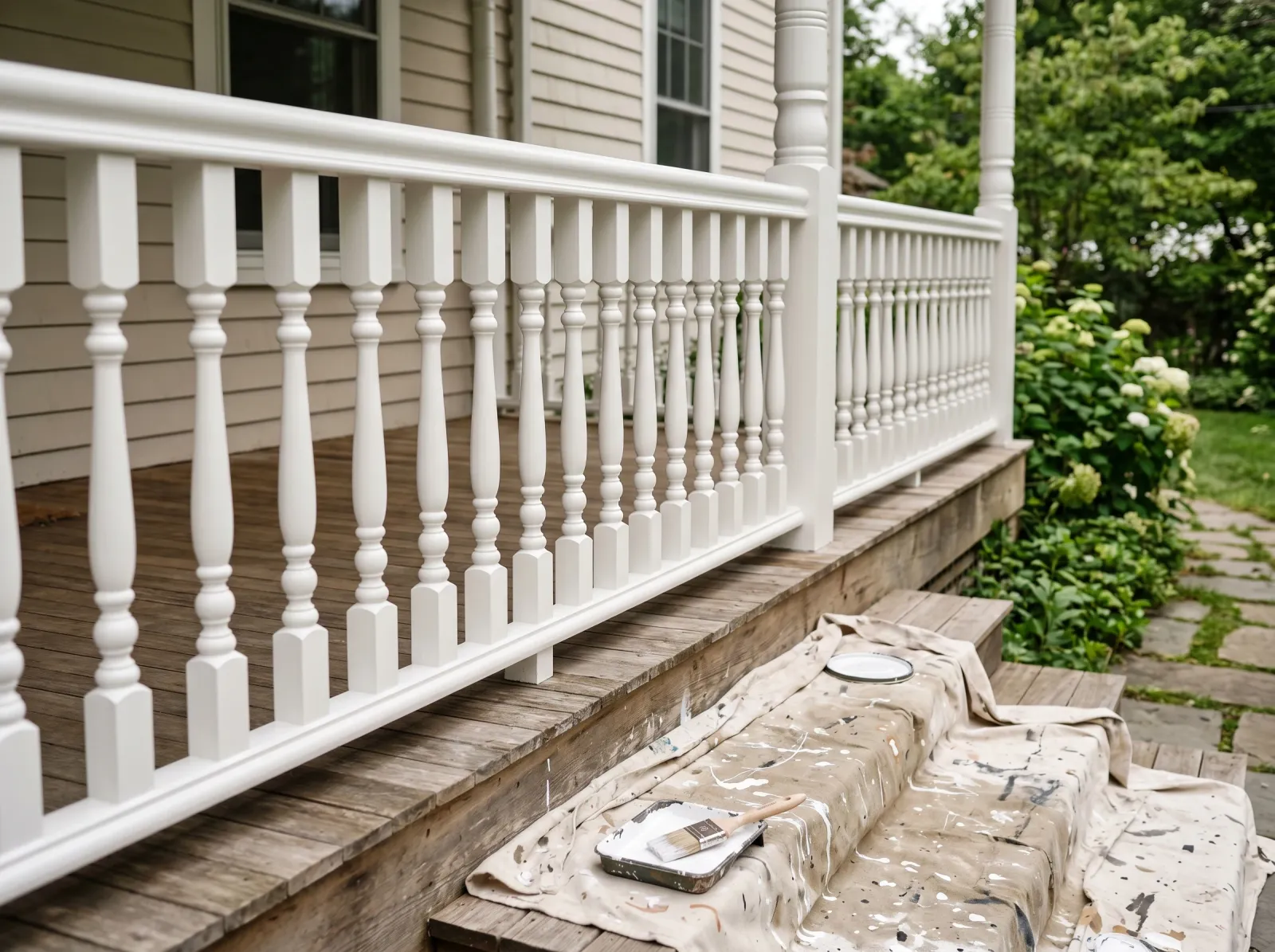 Porch railing with a smooth even second coat of white satin enamel across the balusters