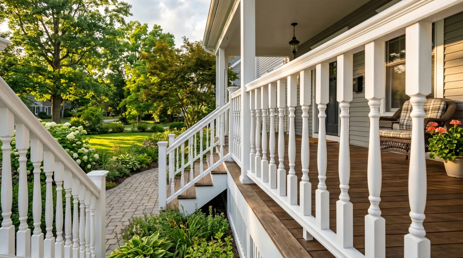 Finished white porch railing, clean and dry, in warm afternoon light with the yard behind