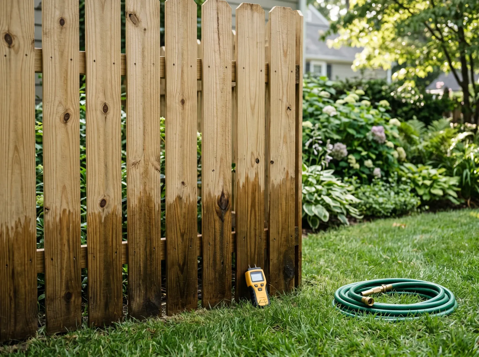 Pressure-treated fence washed clean with a moisture meter against a board