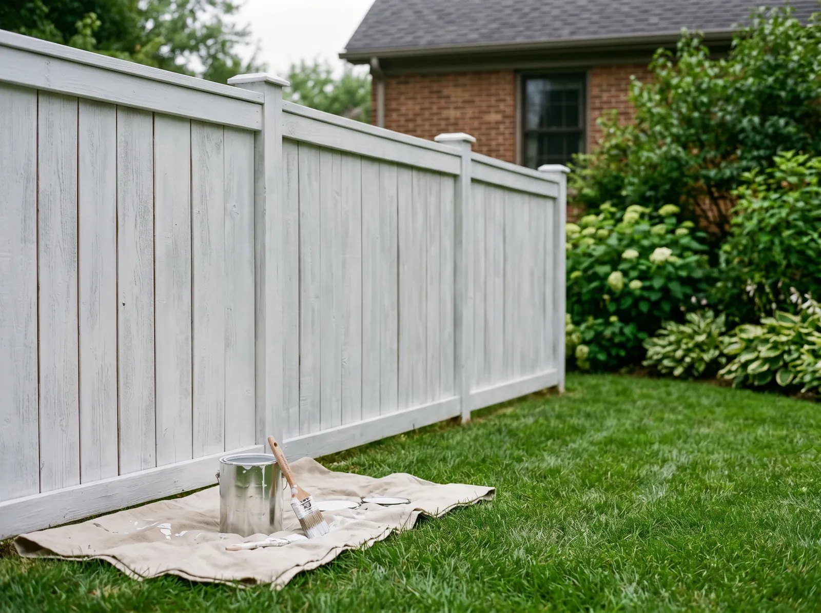 Wood fence coated in a uniform gray exterior primer coat