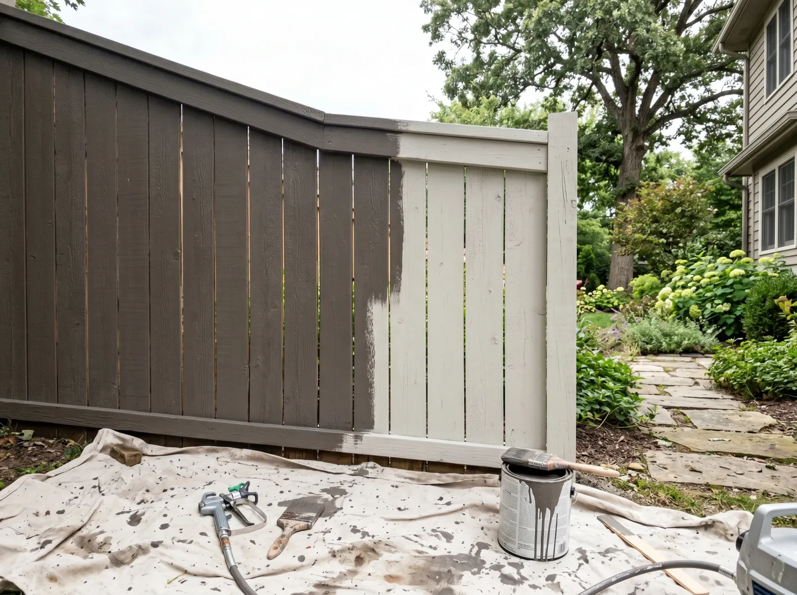 Fence with first gray finish coat partly applied next to primed boards
