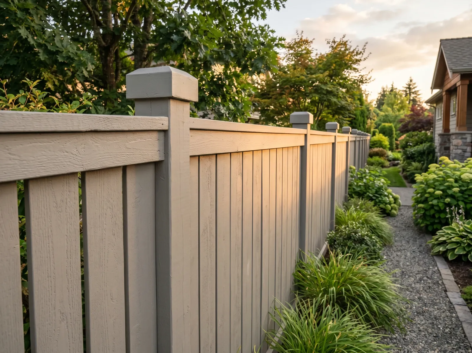 Fence with full even gray coverage and coated post tops
