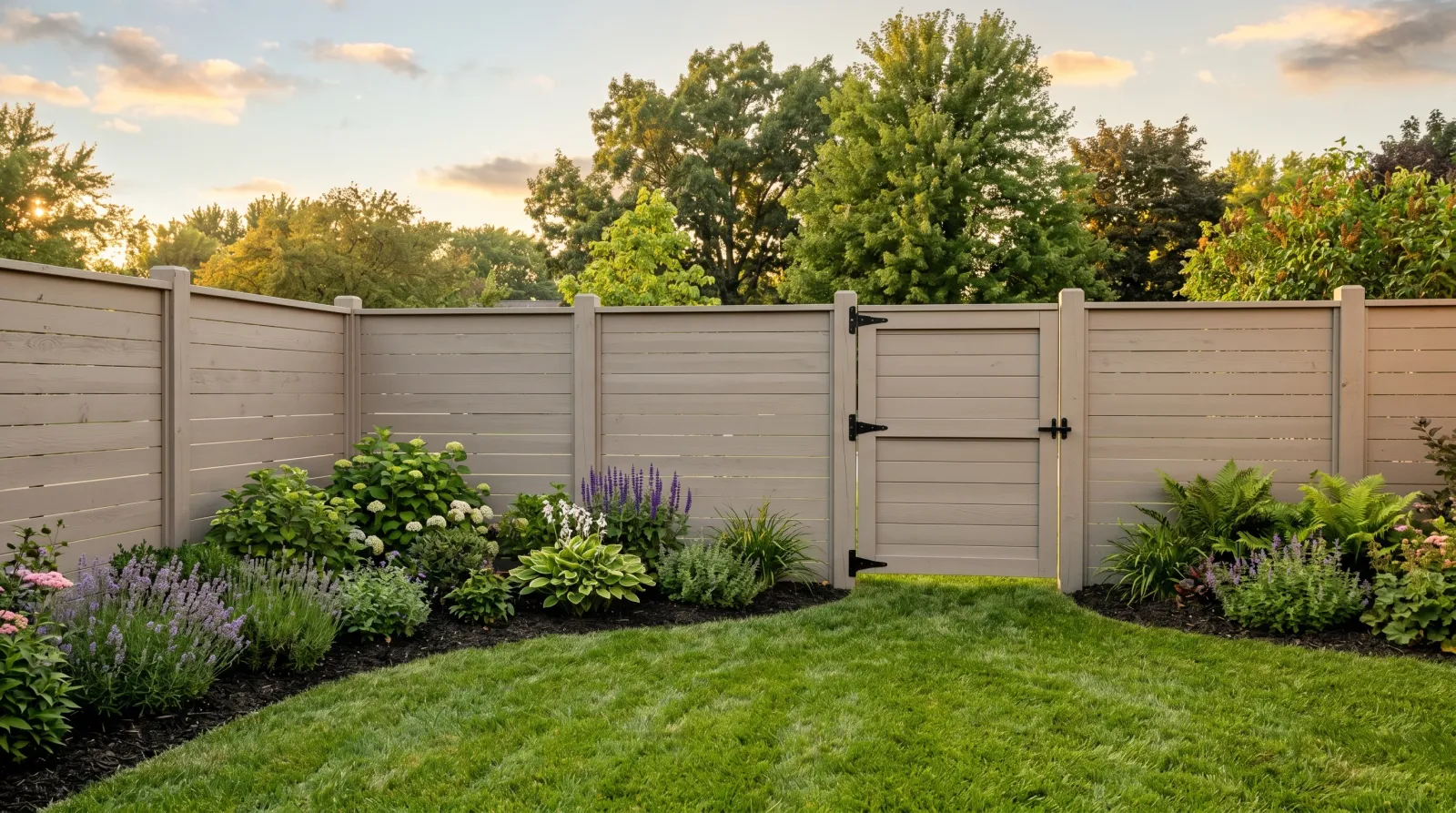 Finished gray painted backyard fence with the gate hung straight