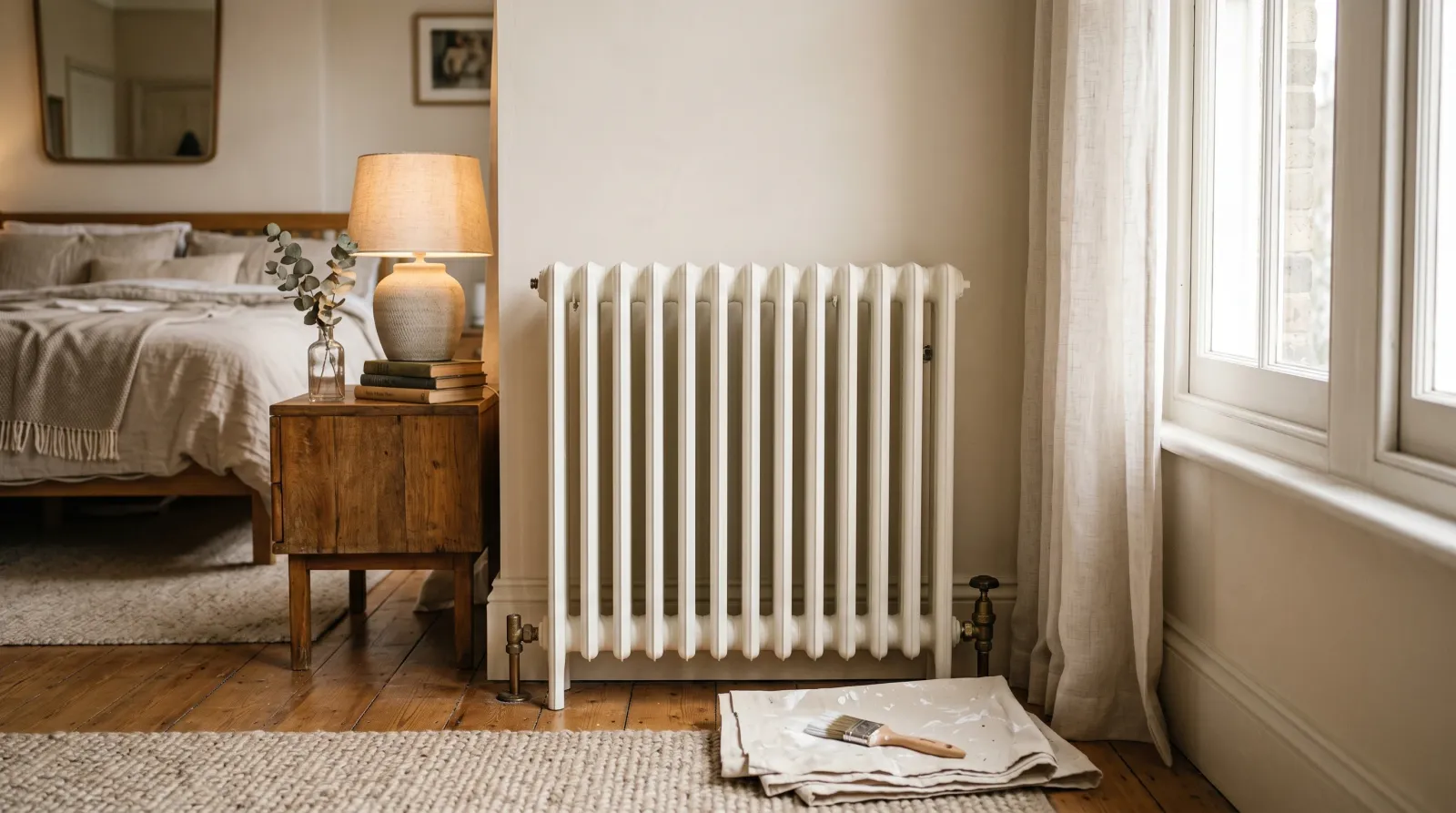 Freshly painted cast-iron column radiator in a sunlit bedroom with oak floor and a folded drop cloth at the base