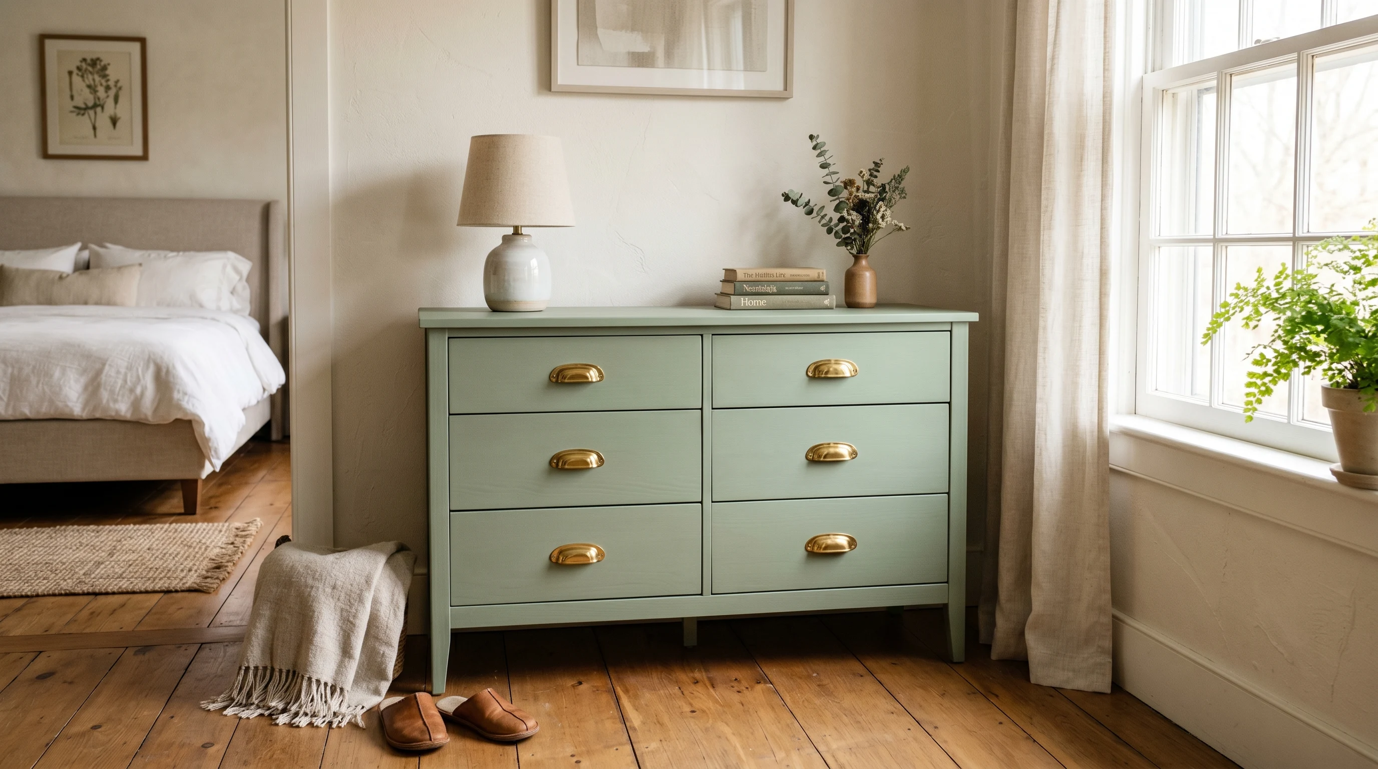 Freshly repainted sage-green vintage dresser with brass pulls in a sunlit bedroom