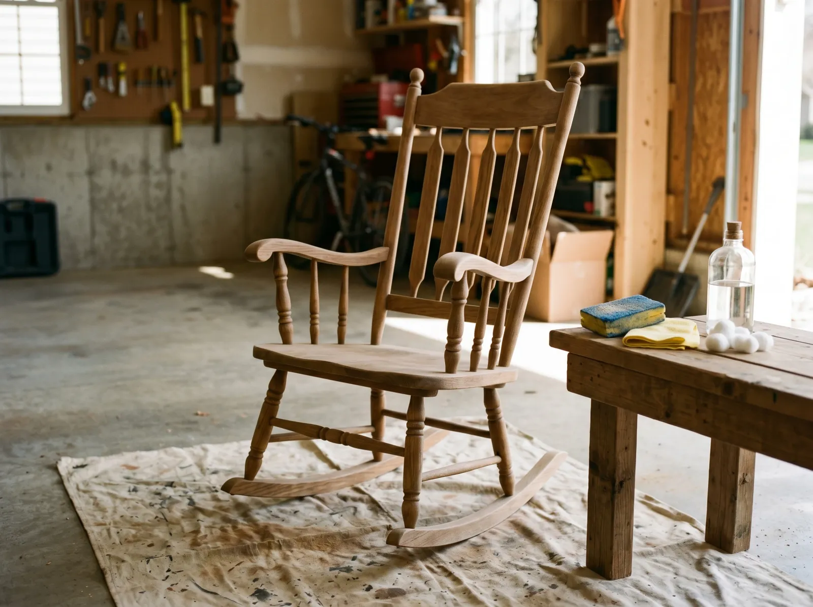 Wooden rocking chair scuff-sanded on a drop cloth with a sanding sponge and alcohol test kit nearby