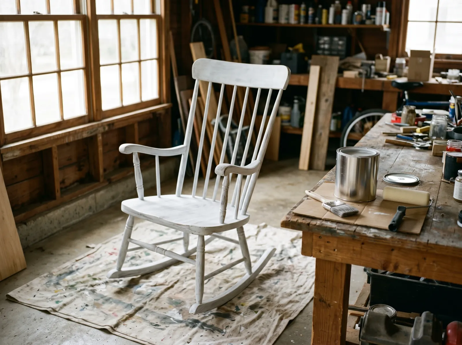 Rocking chair coated in white-grey bonding primer drying upright on a drop cloth