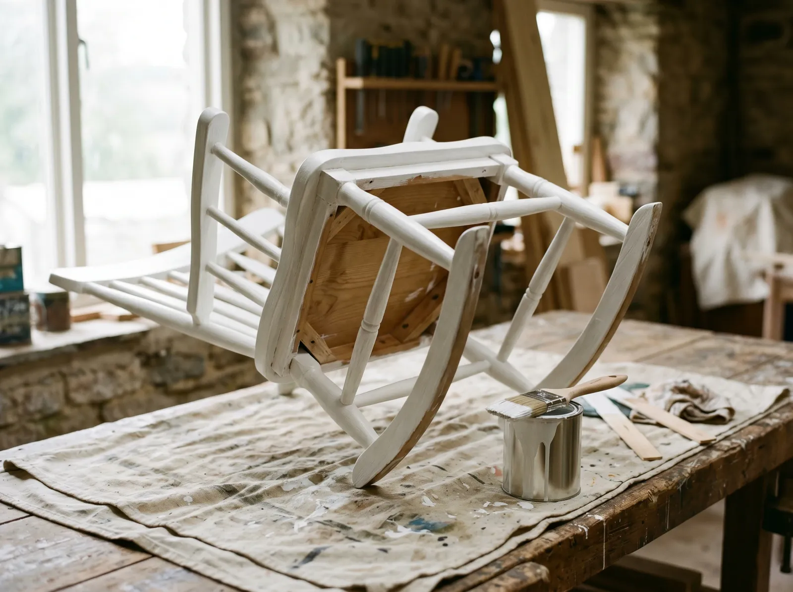 Rocking chair with first coat of warm white paint, tipped on its side to reach the underside