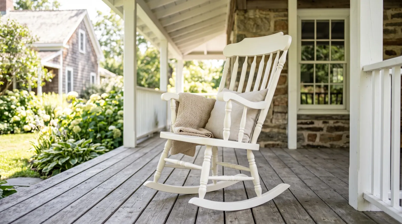 Finished white rocking chair with smooth even paint on the spindles, sitting on a porch