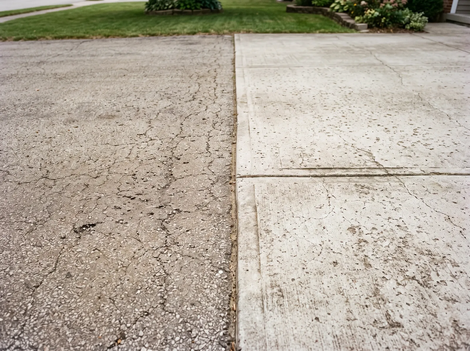 Side by side comparison of faded weathered asphalt and pale cracked concrete driveway surfaces