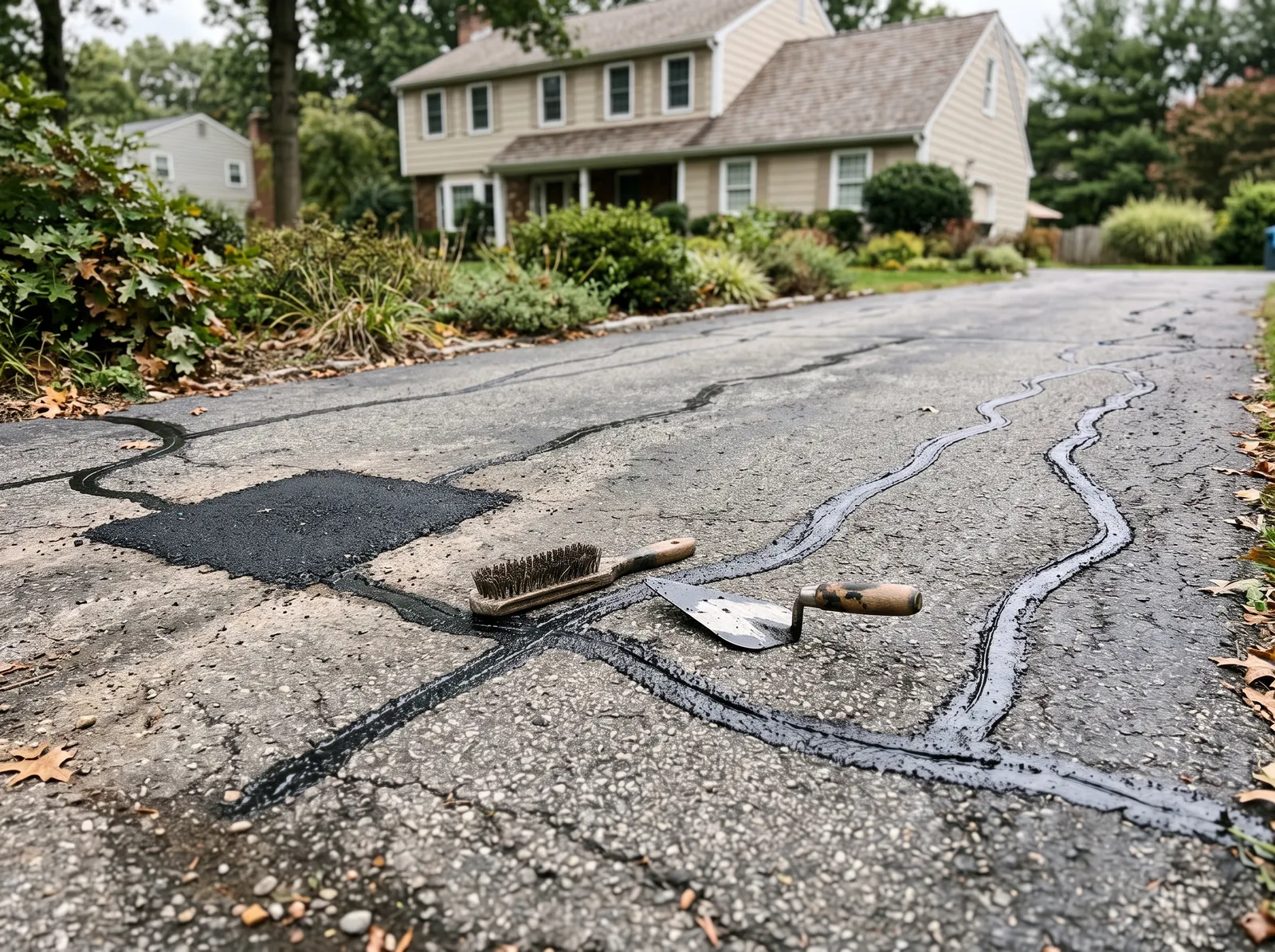 Faded asphalt driveway with cracks filled in dark rubberized filler and a patched pothole