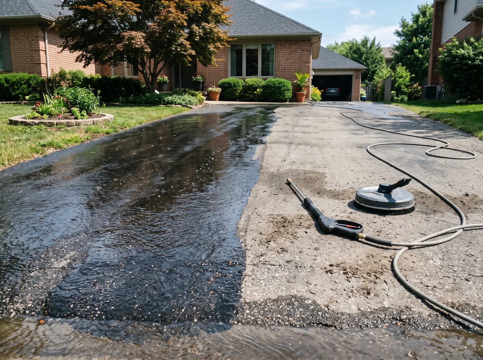 Driveway halfway through pressure washing with a sharp line between clean and dirty pavement