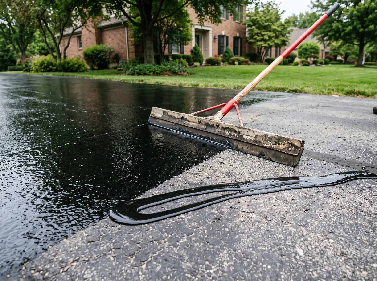 Asphalt driveway half sealed glossy black with a wide squeegee and a poured ribbon of sealer